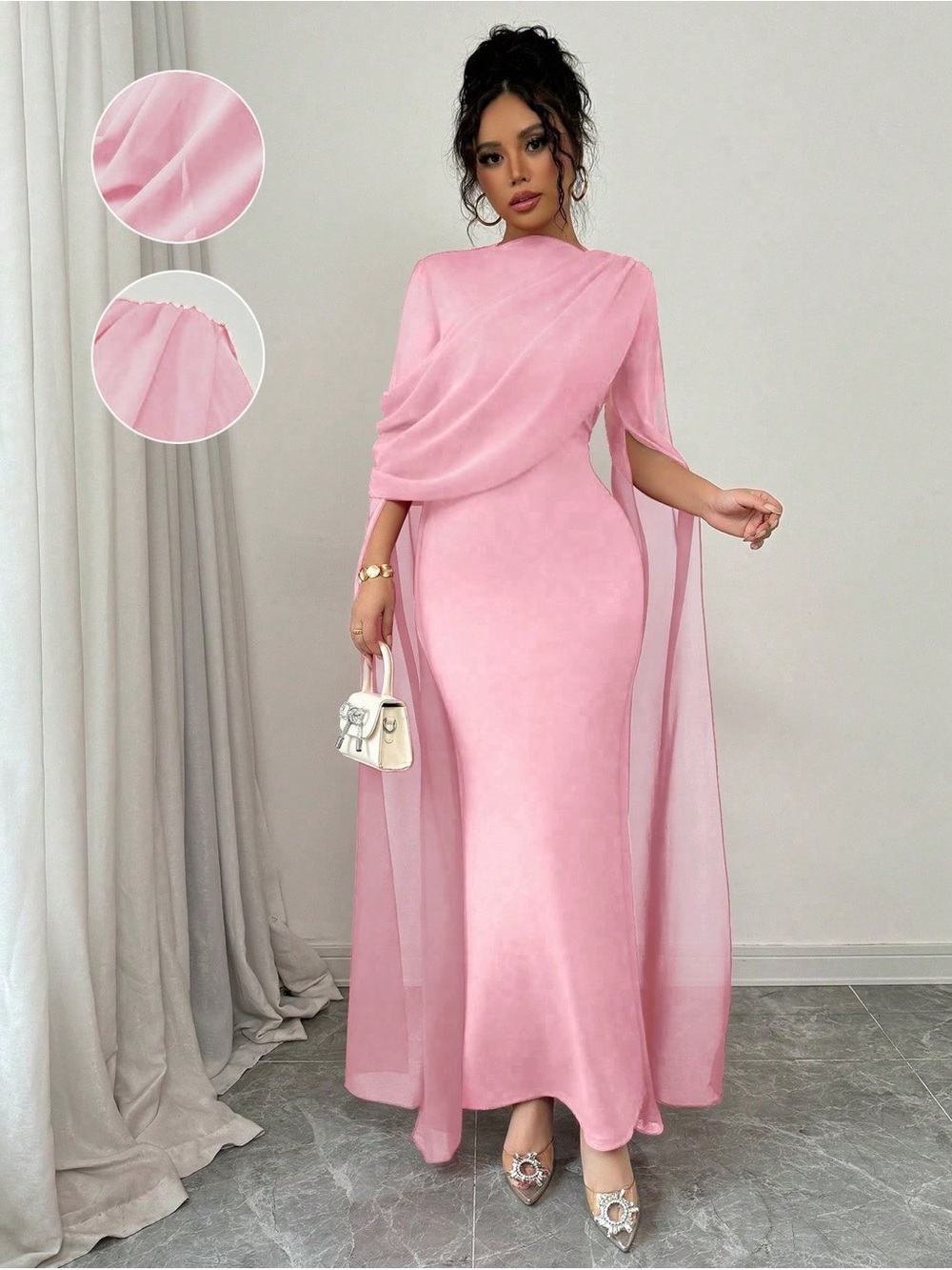 Elegant Pink Draped Cape Maxi Dress